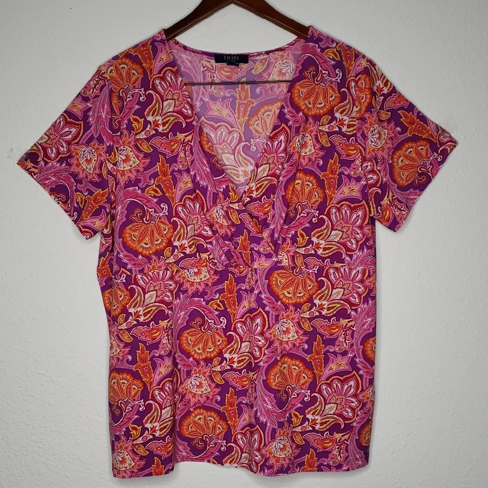 Chaps Floral Paisley Liquid Knit Babydoll Blouse Size 2X Plus Size Bohemian